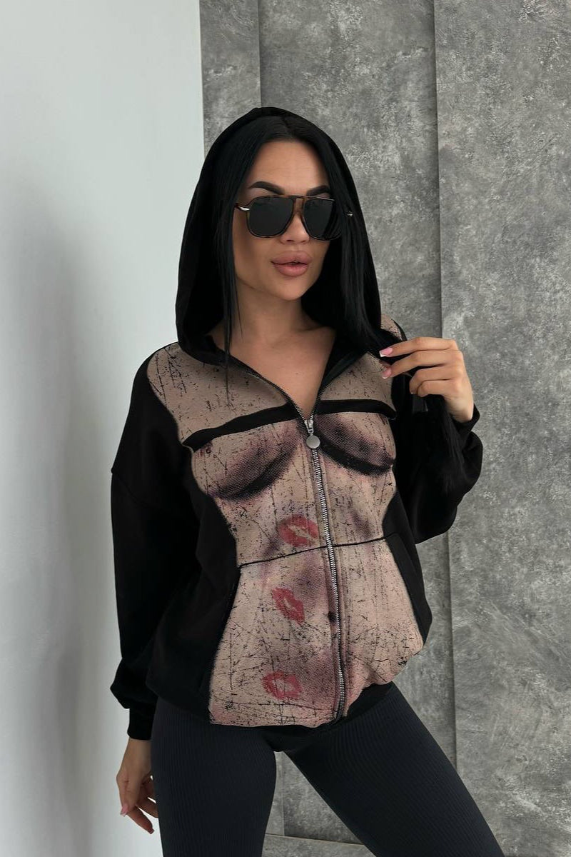 Bad Girl Style Nude Print Zipped Hoodie