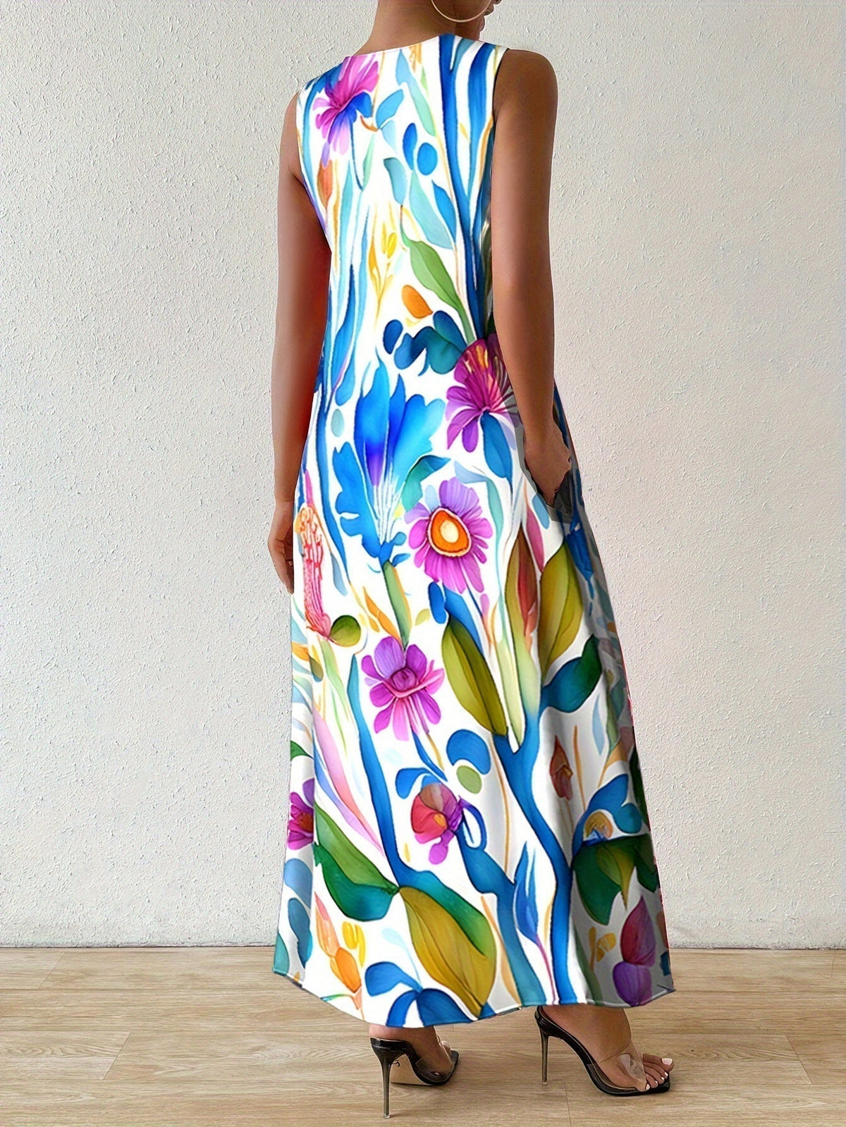 Notch V-Neck Abstract Floral Sleeveless Pocket A-Line Maxi Dress