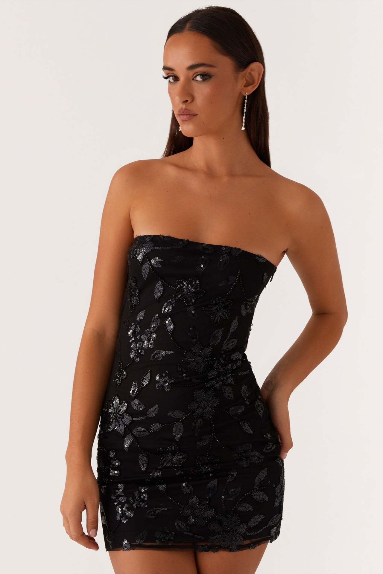 Strapless Sequin Floral Embroidered Mesh Bodycon Mini Dress 16