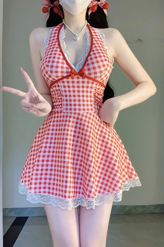 Chic Retro Plaid Open Back One Piece Swimsuit