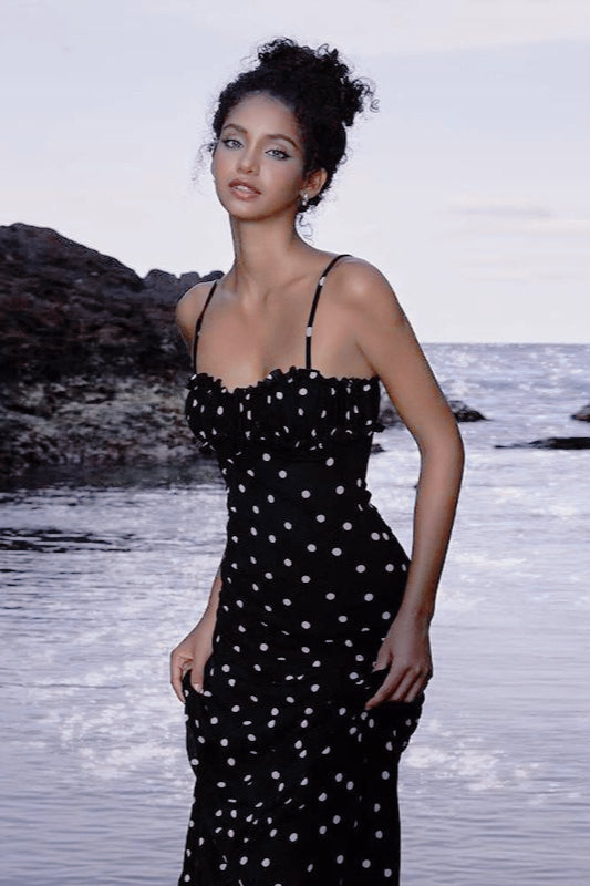 Black Polka Dot Backless Cami Bodycon Maxi Dress