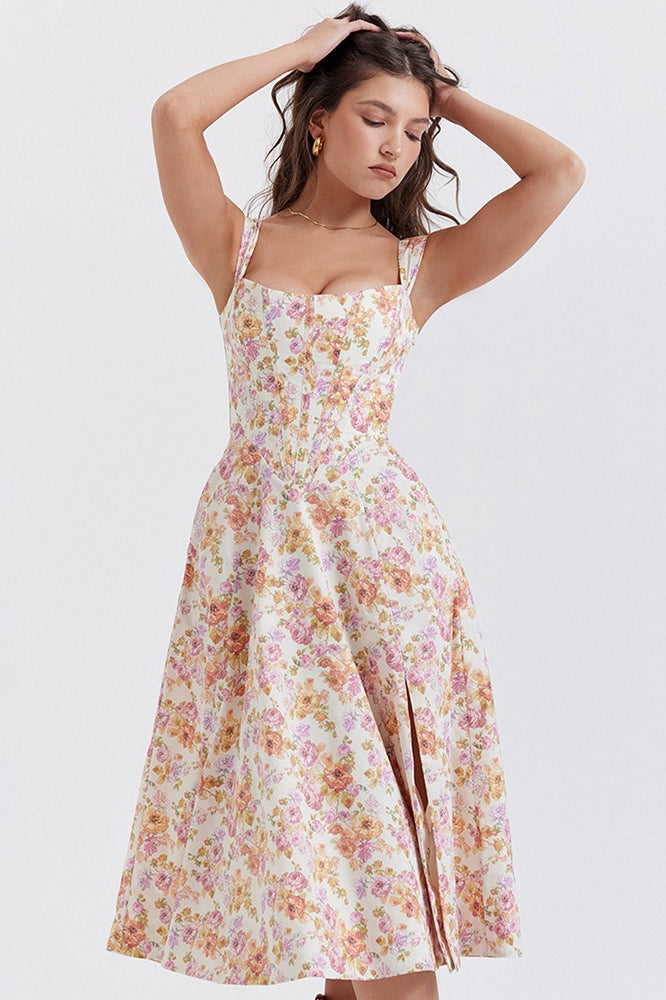 Spaghetti Strap Floral Ruched Midi Dress