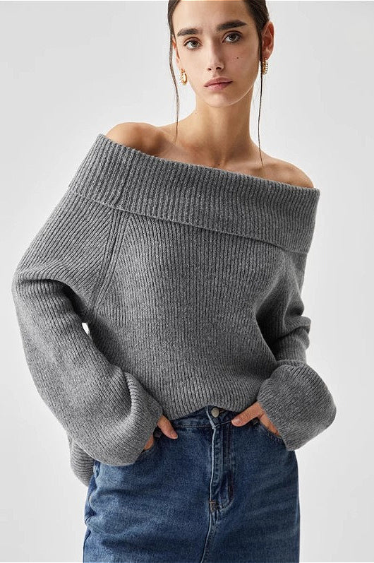 Off-Shoulder Solid Grey Sweater