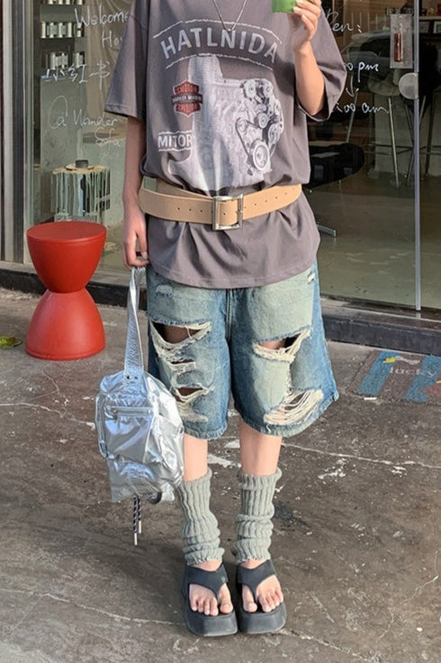 Distressed Frayed Hem Mid Length Denim Shorts