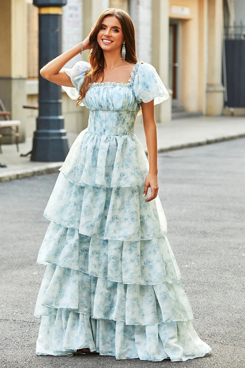 Blue Off Shoulder Ruffle Corset Bodice Tiered Ruffle Floral Print Maxi Dress 5