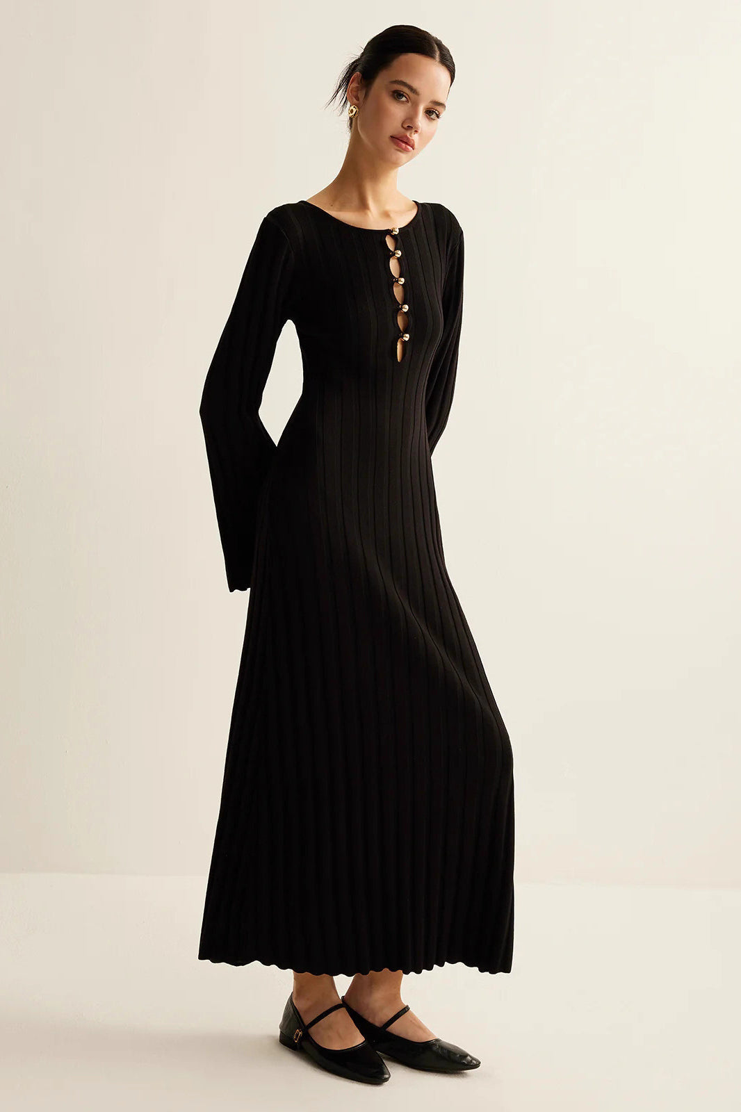 Black V-Neck Button Front Sweater Dress 5