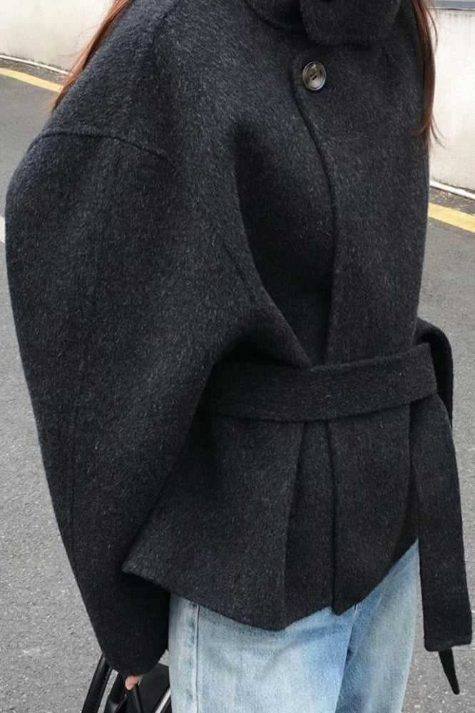 Turtleneck Loose Double-Faced Wool Tie Waist Retro Coat