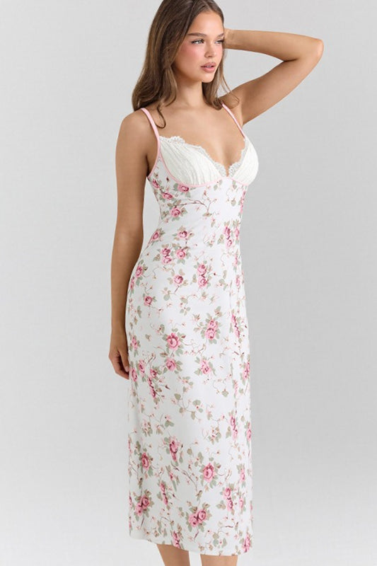 Pink Spaghetti Strap Deep V Lace Cup Floral Print Bodycon Maxi Dress 8