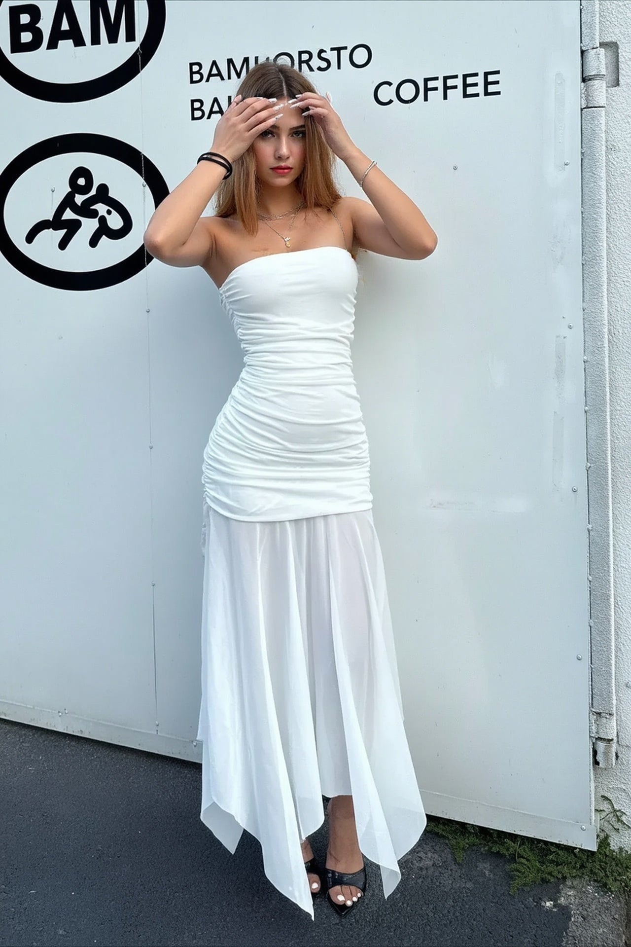 Solid Strapless Mesh Panel Party Dress