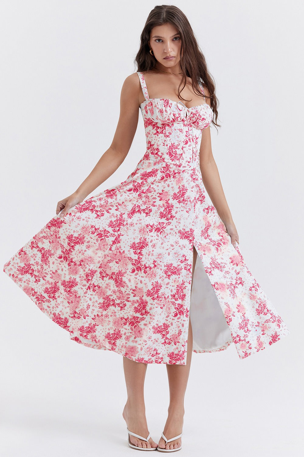 Wide Strap Sweetheart Ruched Bust Toile Floral Print A-Line Midi Dress 7