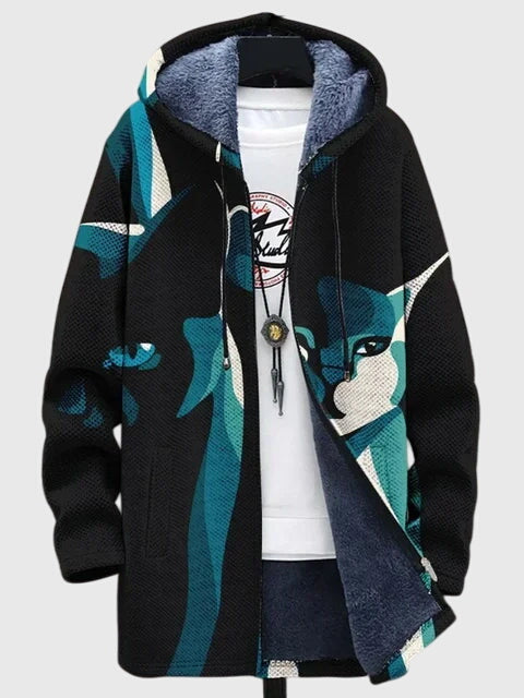 Hooded Abstract Cat Print Zip Front Fleece Jacket