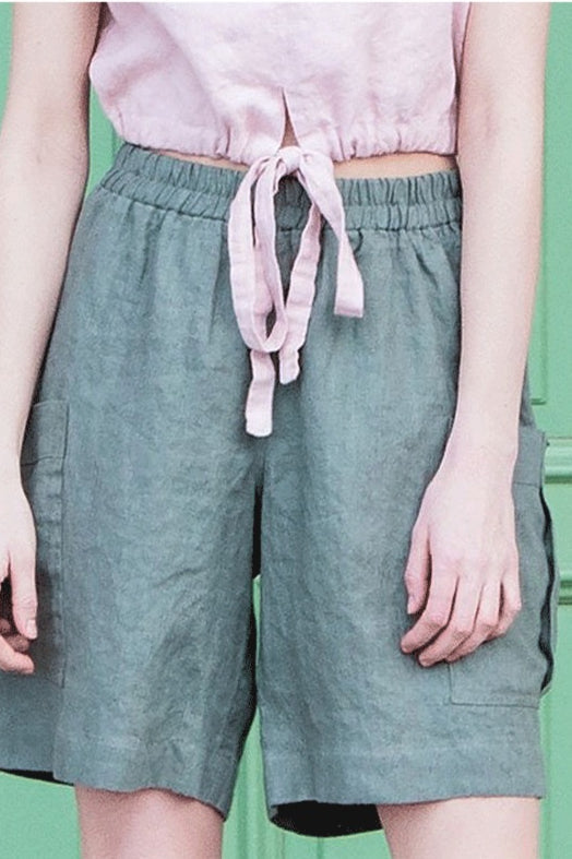 Linen Cargo Elastic Waist Pants