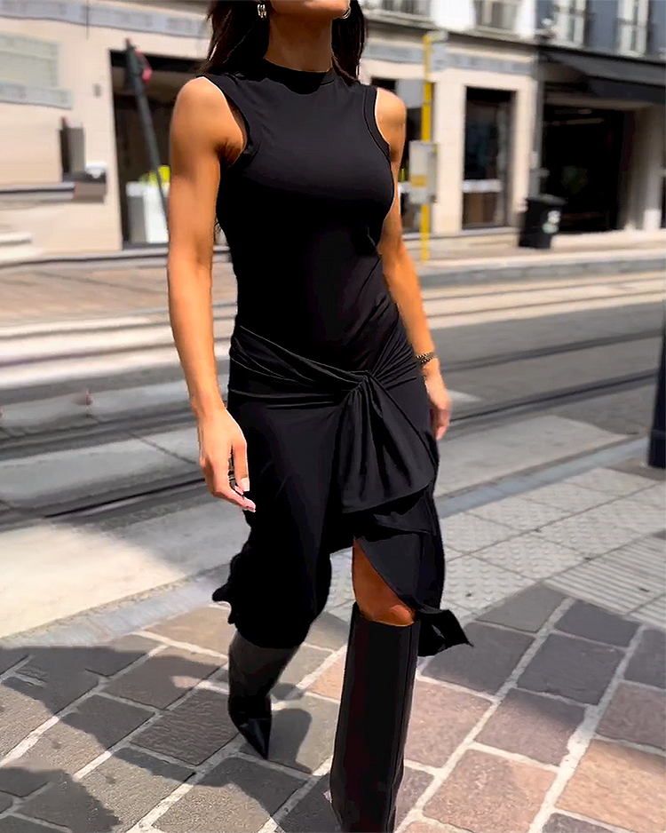 High Neck Sleeveless Twist Front High Slit Bodycon Midi Dress 4