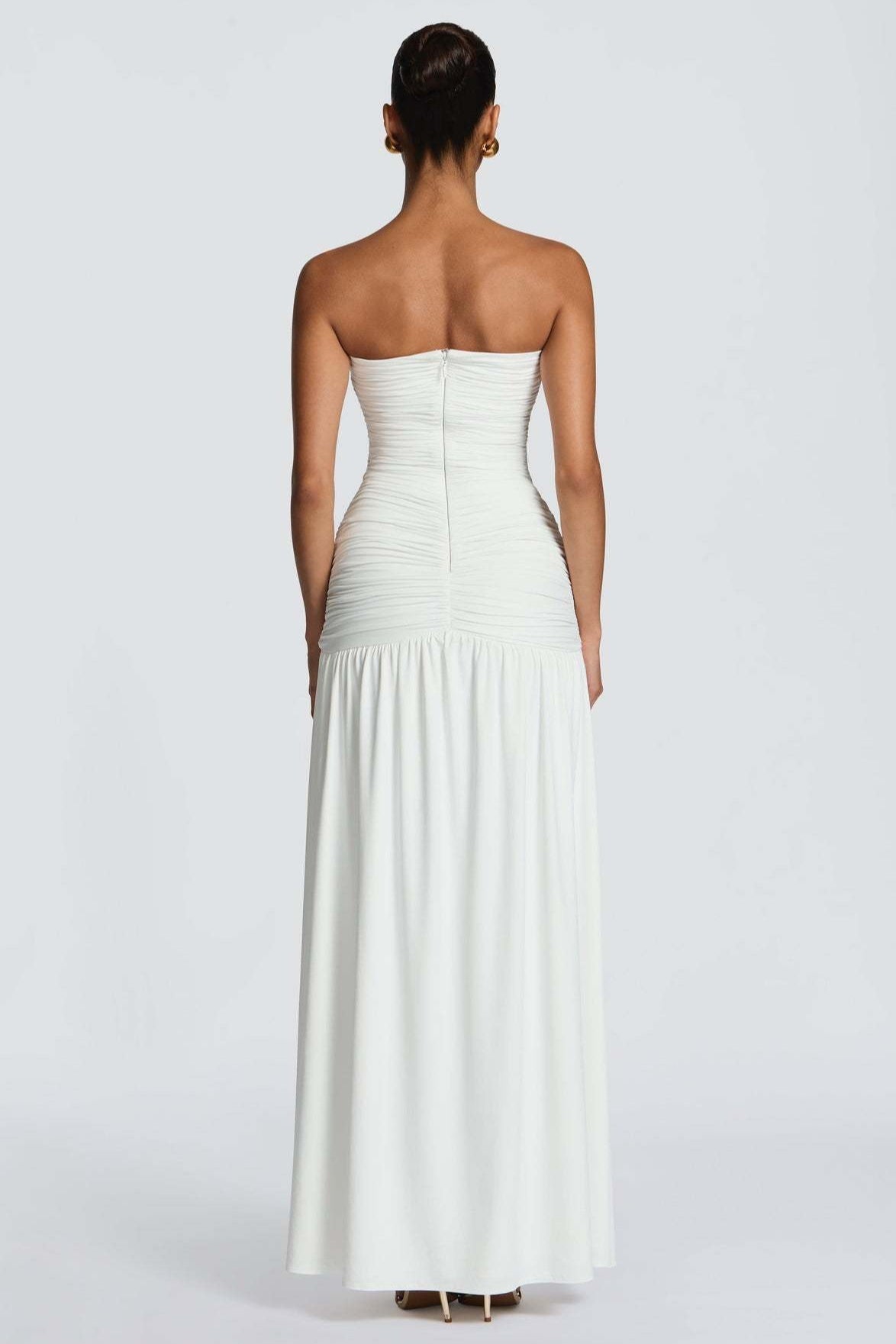 Solid Strapless High Slit Ruched Bodycon Party Dress