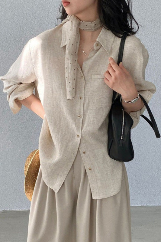 Linen Blend Long Sleeve Blouse