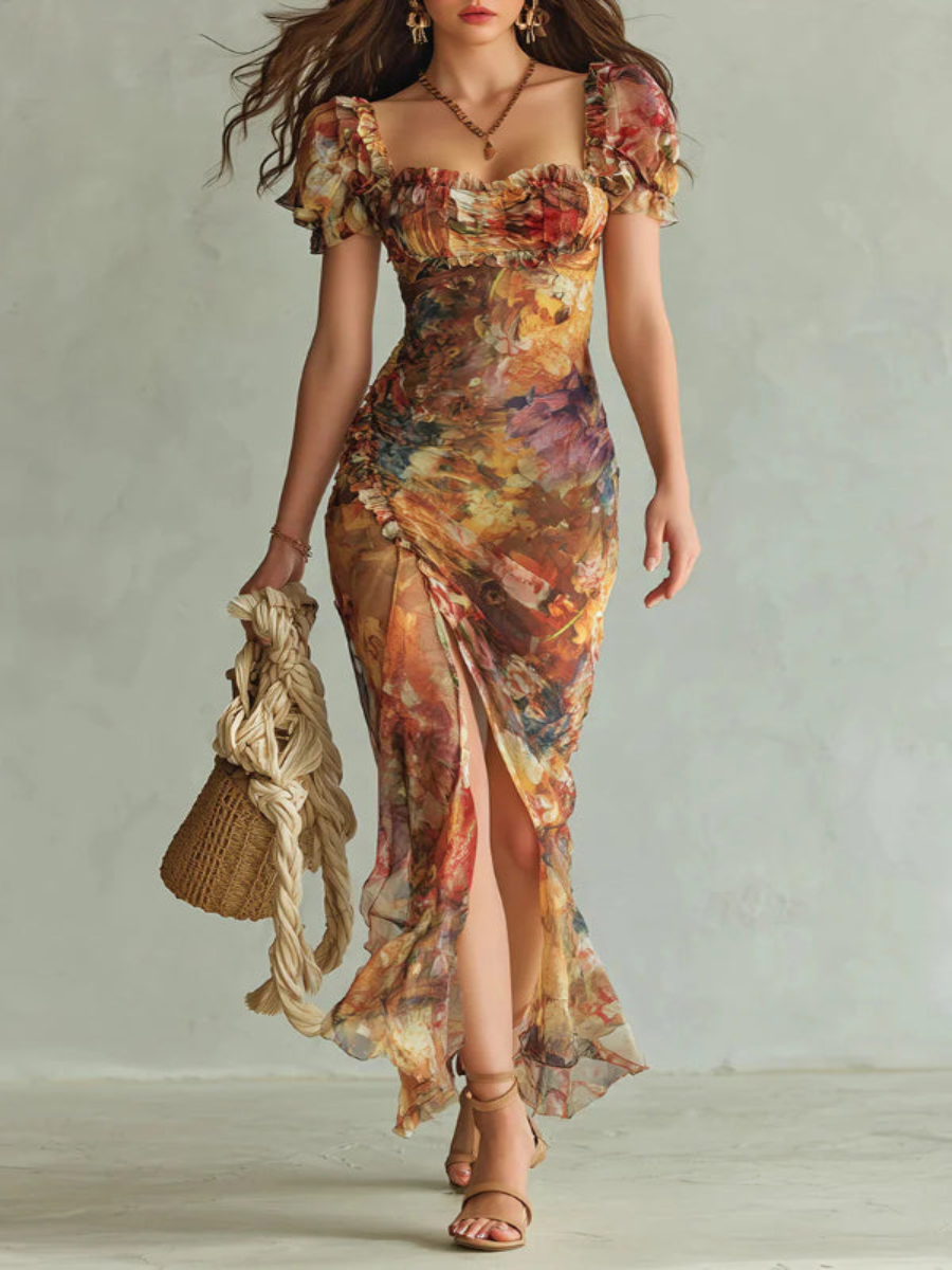 Multicolor Square Neck Puff Sleeve Floral Ruched High Slit Bodycon Maxi Dress
