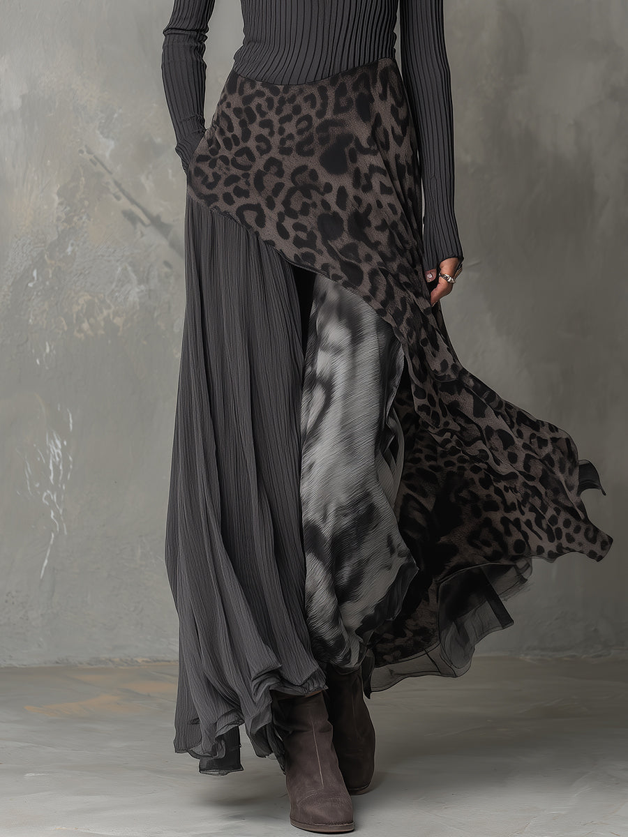 Grey Long Sleeve Ribbed Knit Leopard Chiffon Asymmetric Maxi Skirt Set 4