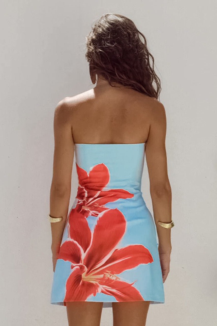 Strapless Floral Placement Print Tube Bodycon Mini Dress 3