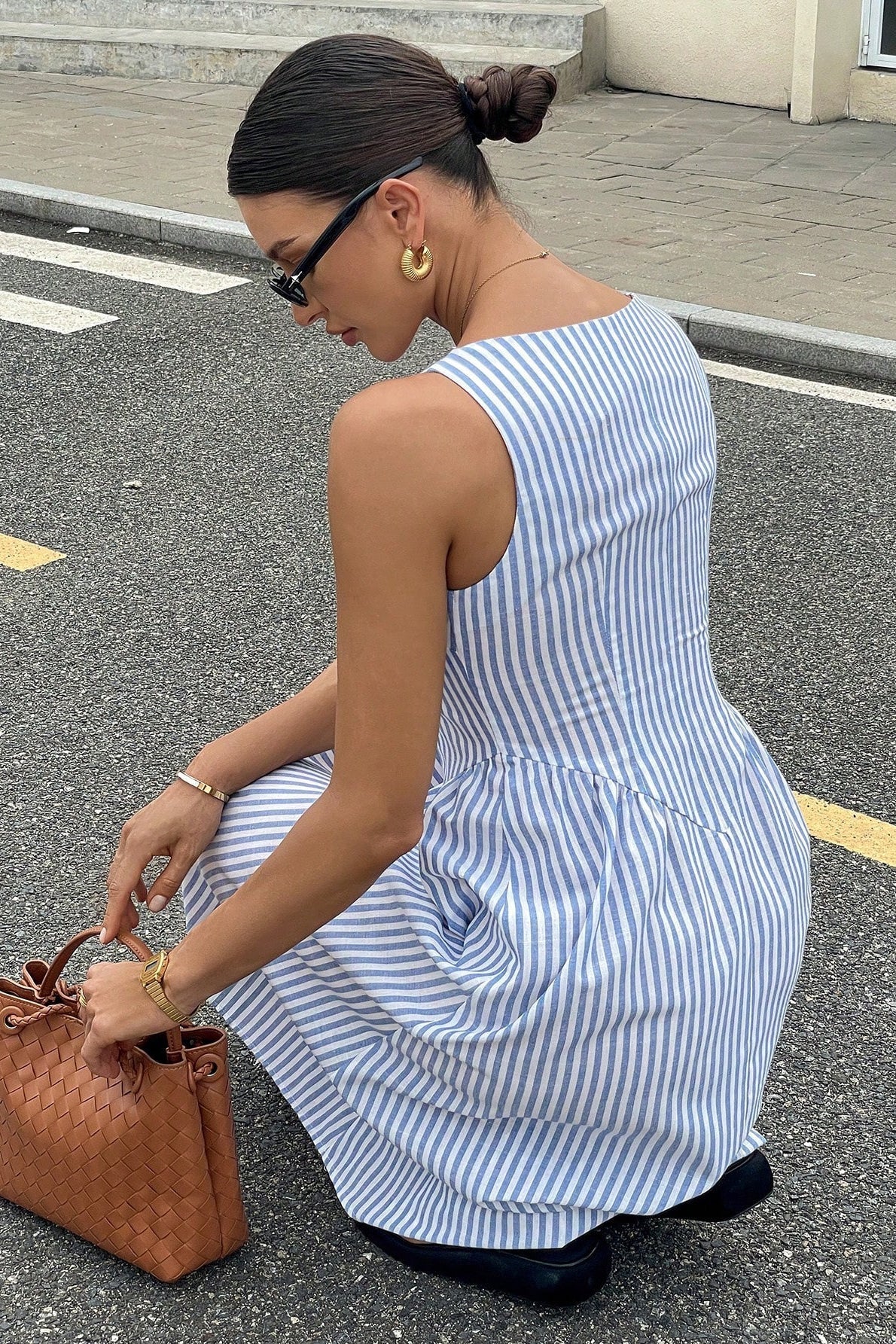 Square Neck Vertical Stripe Dropped Waist A Line Midi Dress 4