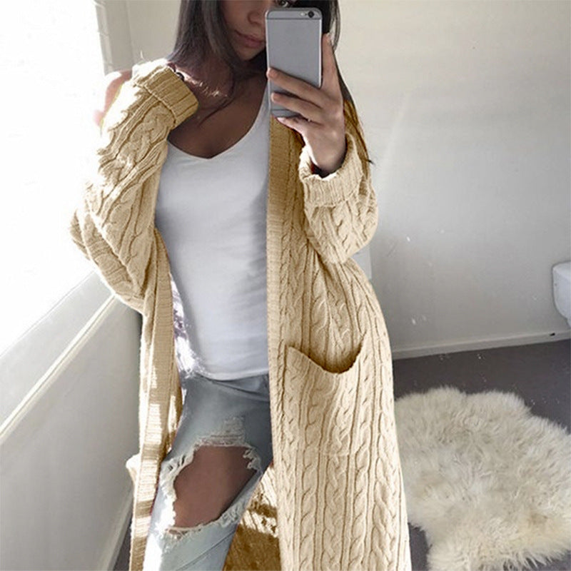 Open Front Cable Knit Pocket Long Sleeve Longline Cardigan 6