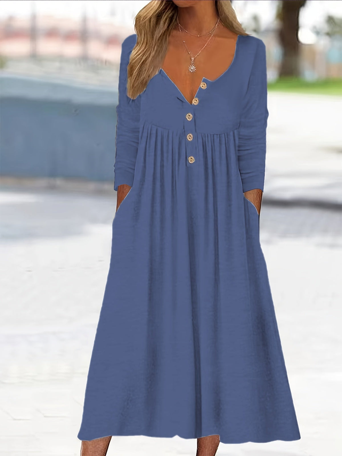 Henley Neck Button Front Long Sleeve Pocket A-Line Midi Dress