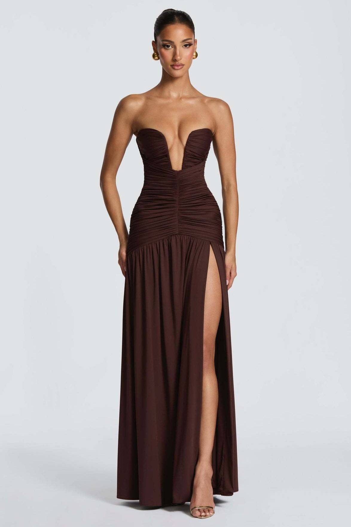 Solid Strapless High Slit Ruched Bodycon Party Dress