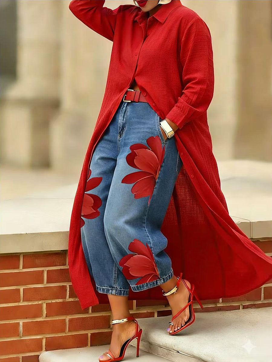 Collared Button Front Long Sleeve High Slit Longline Shirt Dress 2