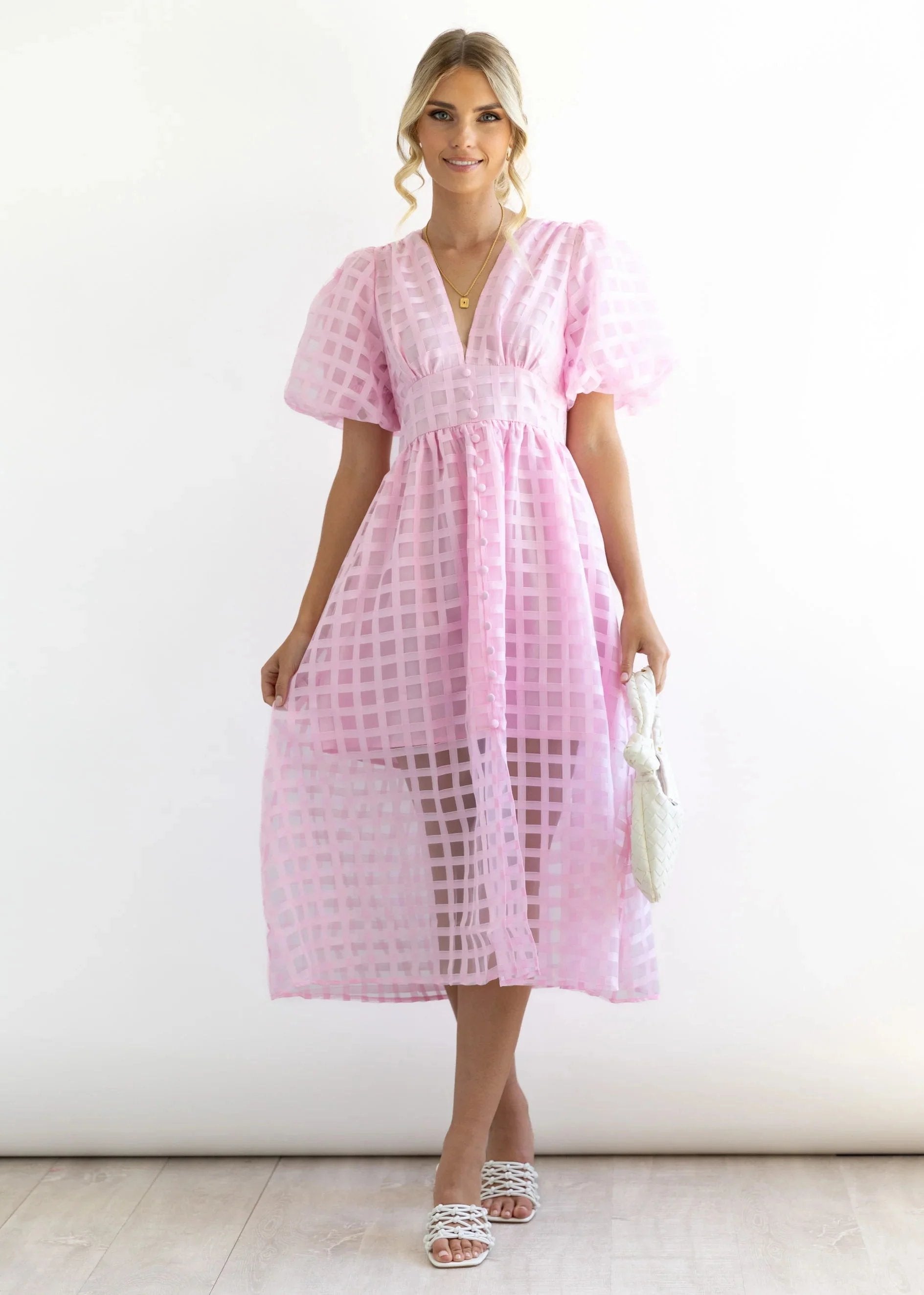 Beautiful square pattern fabric puff sleeve midi