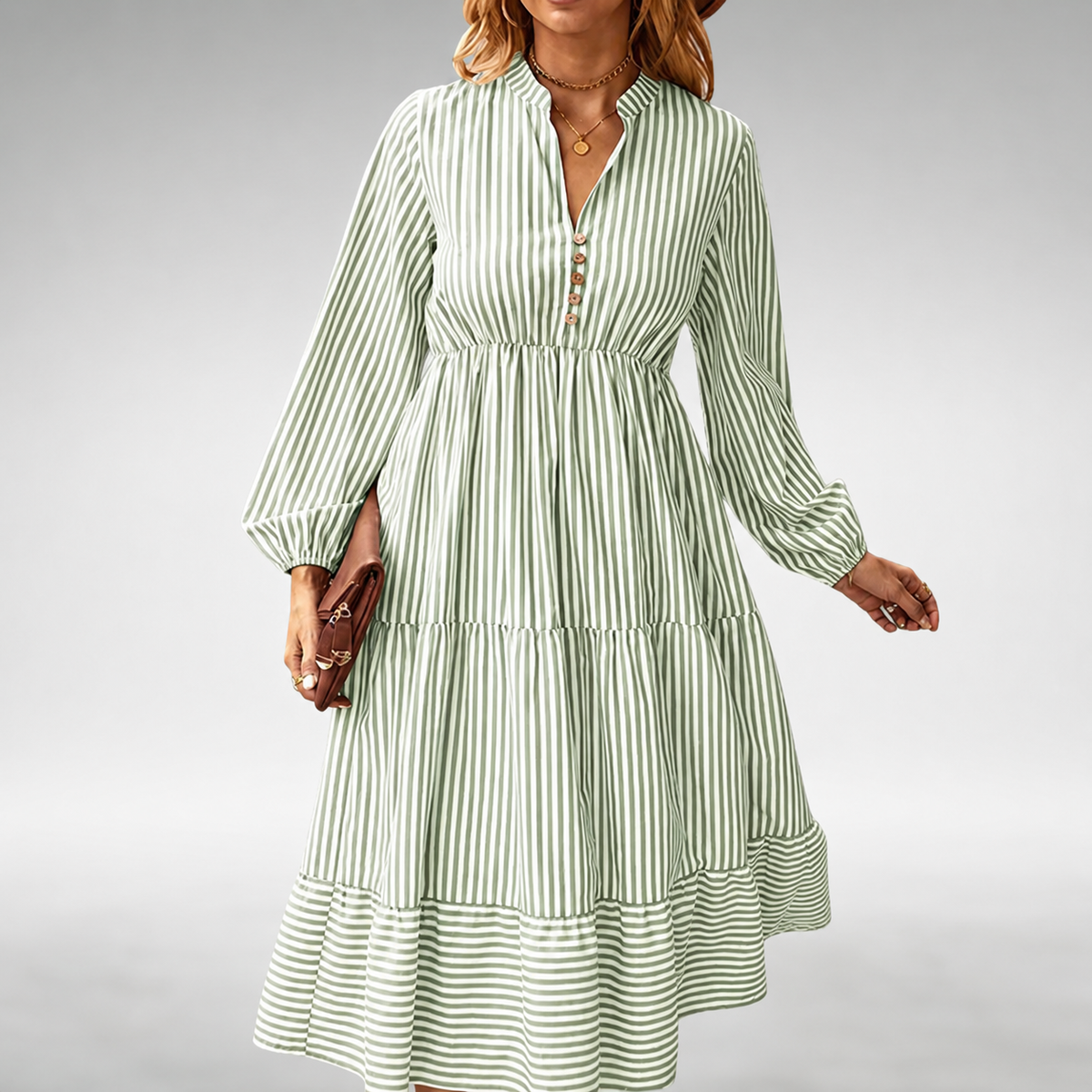 Notch Neck Striped Button Front Long Sleeve Tiered Midi Dress