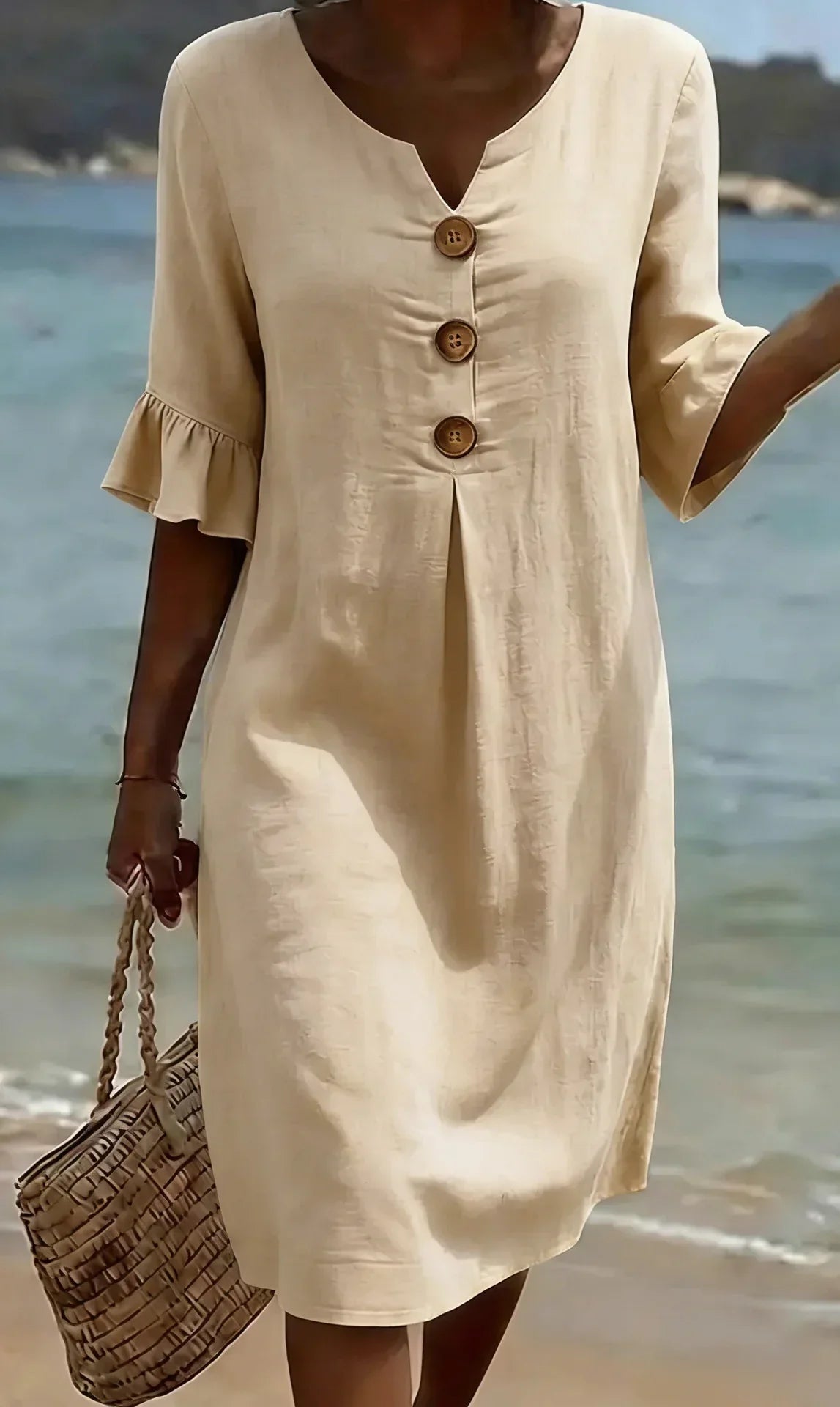 Notched Neck Wooden Button Ruffle Sleeve Shift Midi Dress