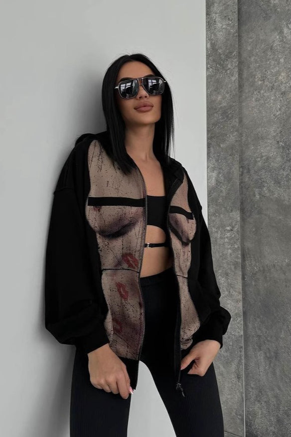 Bad Girl Style Nude Print Zipped Hoodie
