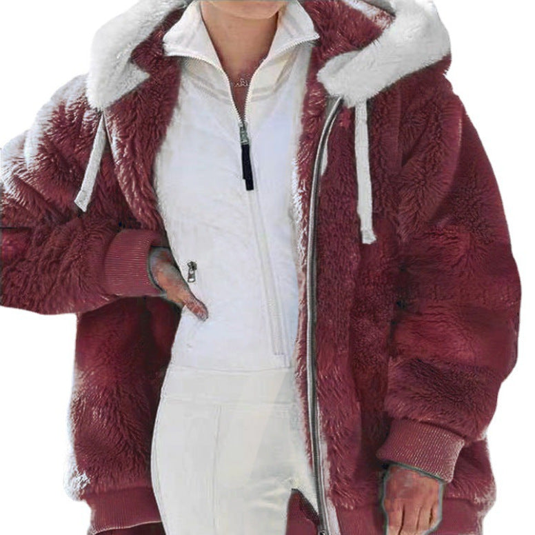 Hooded Zip Front Colorblock Patchwork Fleece Sherpa Jacket