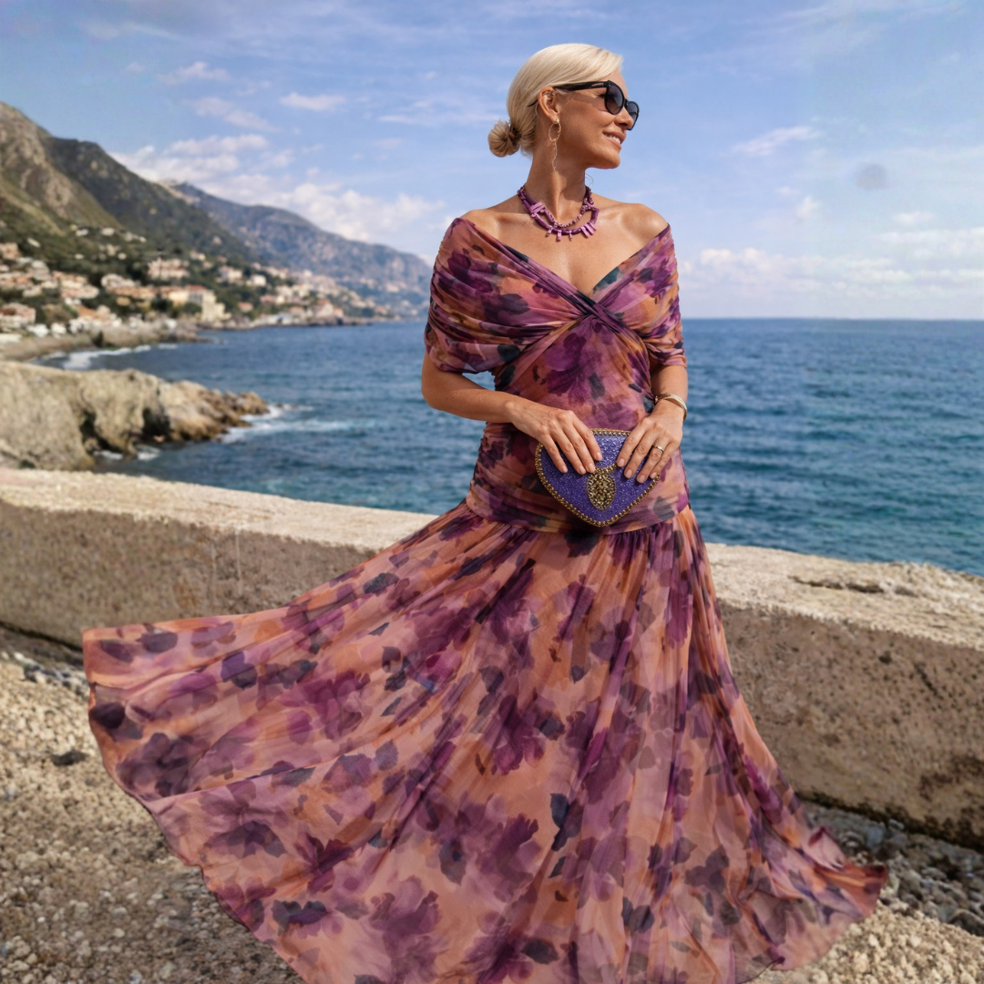 V-Neck Wrap Ruched Waist Chiffon Flowing Maxi Dress 9