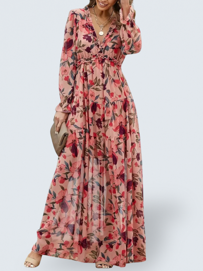 Ruffle Plunge V-Neck Floral Chiffon Long Sleeve Tiered Maxi Dress