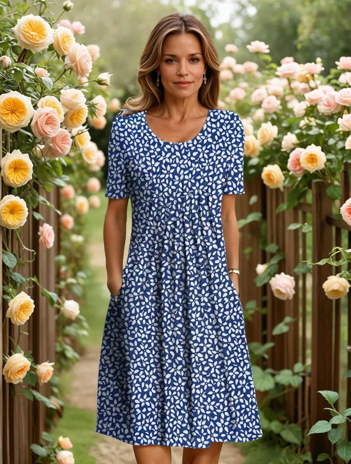 Scoop Neck Short Sleeve Wildflower Floral Print Pleated Midi Dress