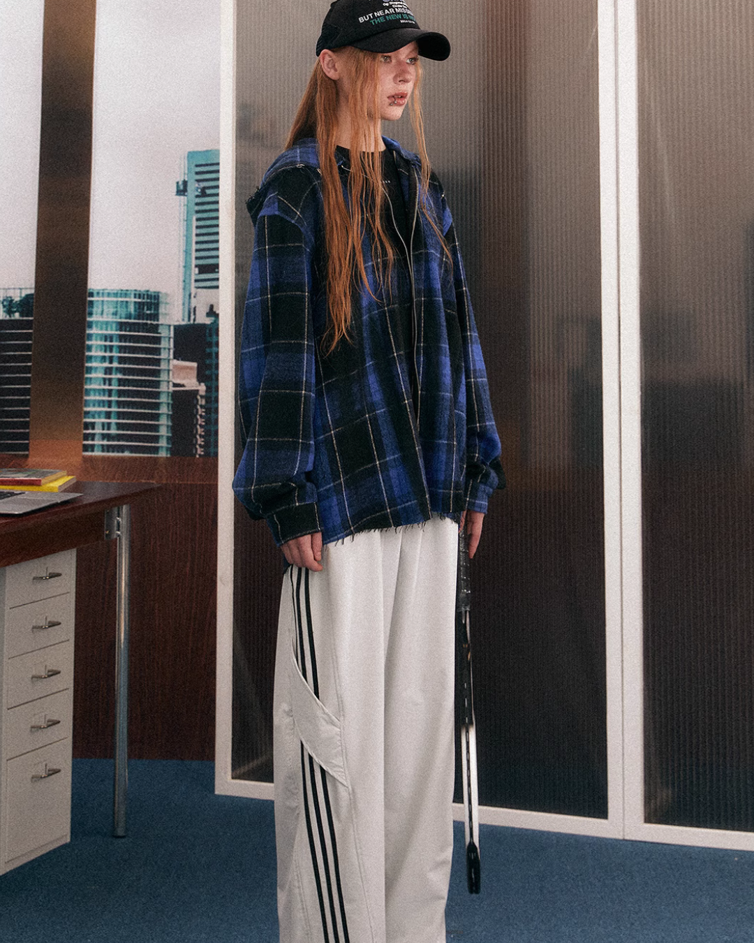 Blue Plaid Oversized Hooded Jacket