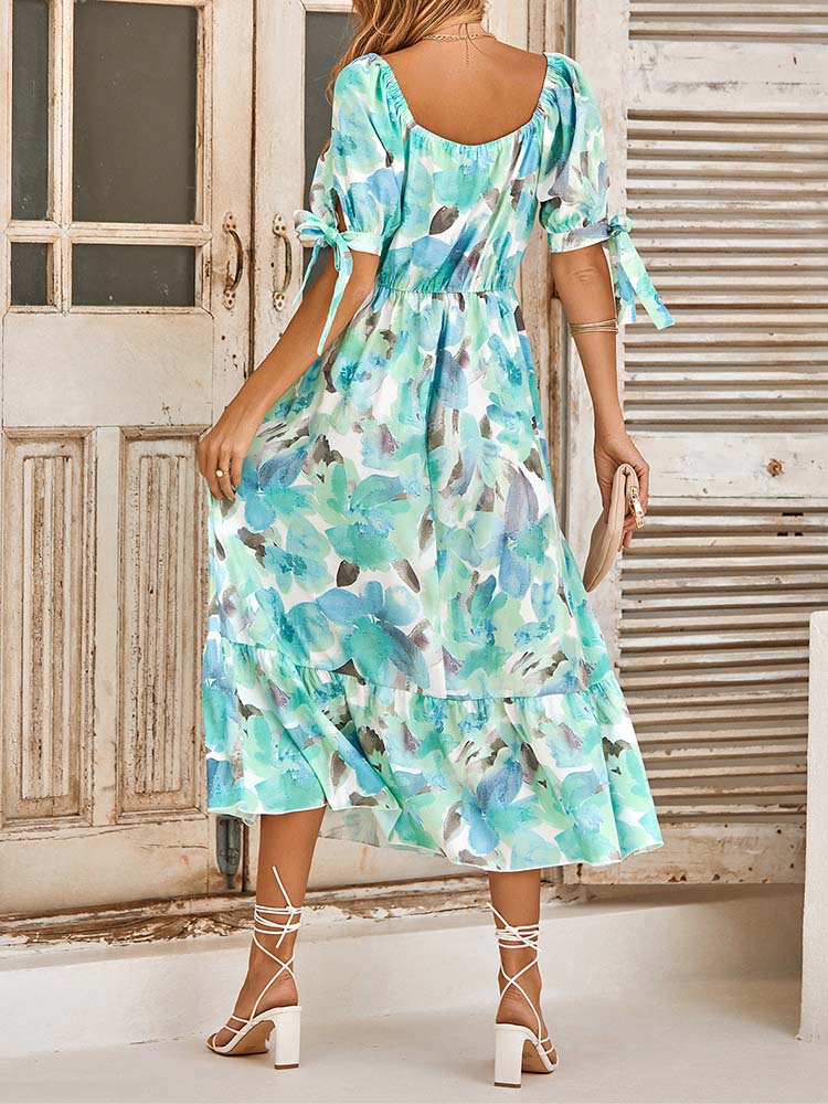 Sweet Short Sleeve Print Midi Dress