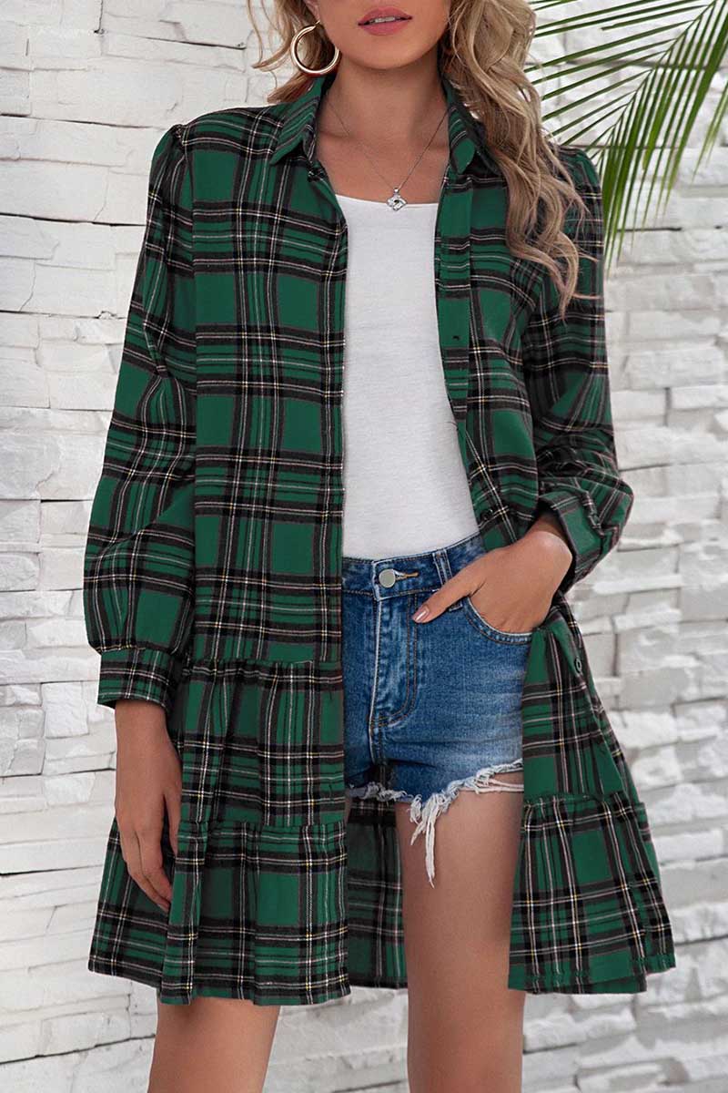 Florcoo Plaid Shirt Long Sleeve Single Dress
