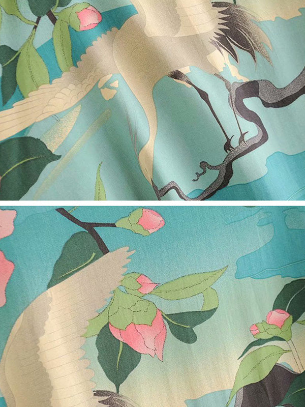 Green Floral Landscape Print Belted Open-Front Midi Kimono 5