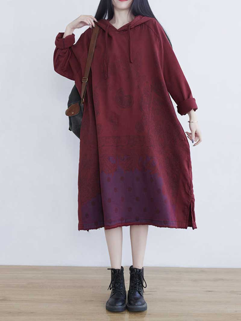 Hooded Long Sleeve Paisley Polka Dot Print Loose Denim Midi Dress 7