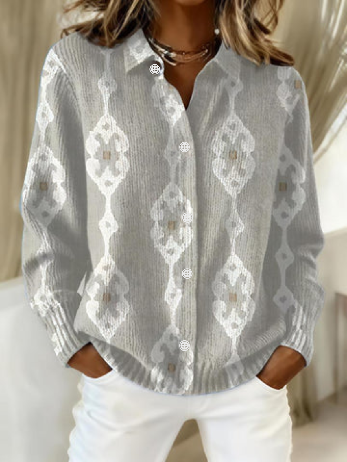 Light Color Collared Diamond Pattern Knit Button-Front Long Sleeve Shirt