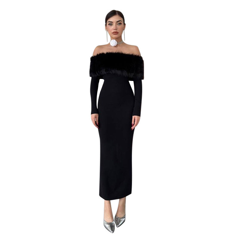 Onyx Fur Midi Dress Black