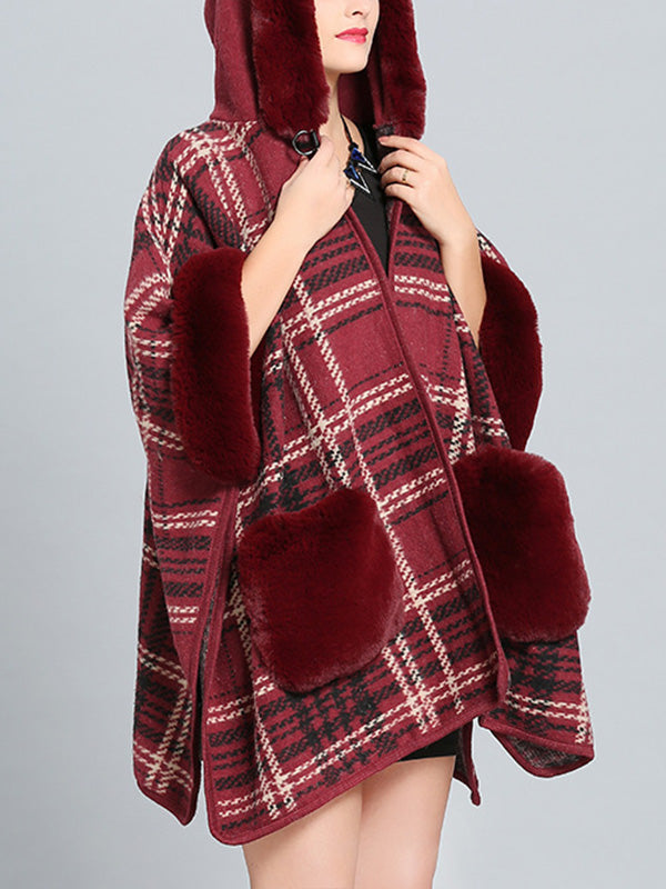 Hooded Faux Fur Trim Plaid Pocket Cape Cardigan