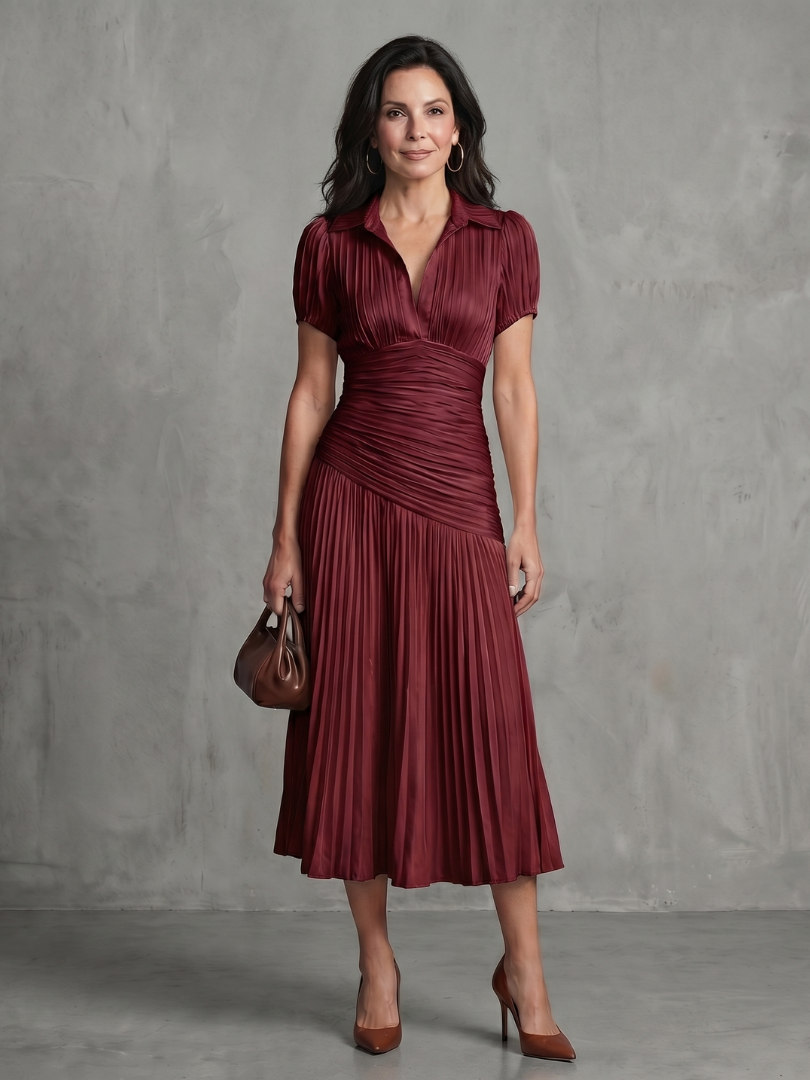 Collared Pinstripe Short Sleeve Ruched Waist Pleated Midi Dress