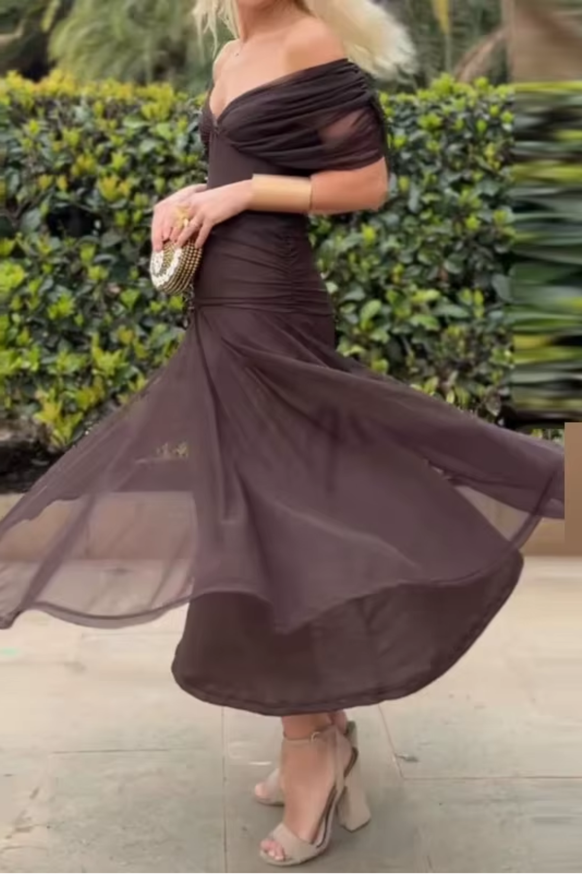 V-Neck Wrap Ruched Mesh Flutter Sleeve Flowing Maxi Dress