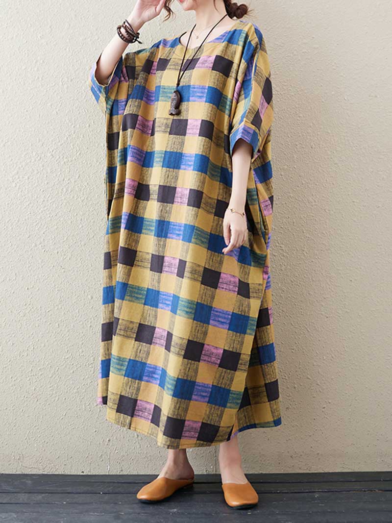 Multicolor Round Neck Plaid Batwing Sleeve Loose Cocoon Maxi Dress