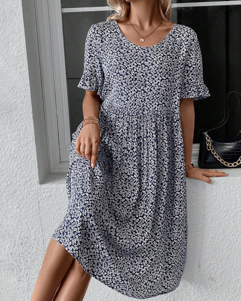 Sue Aesthetic Round Neck Dress with Floral Print Designer Edit