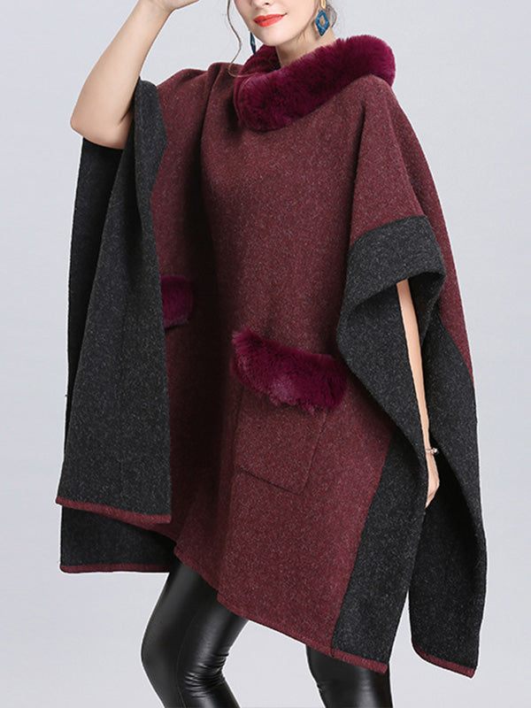 Faux Fur Collar Contrast Trim Pocket Knit Cape