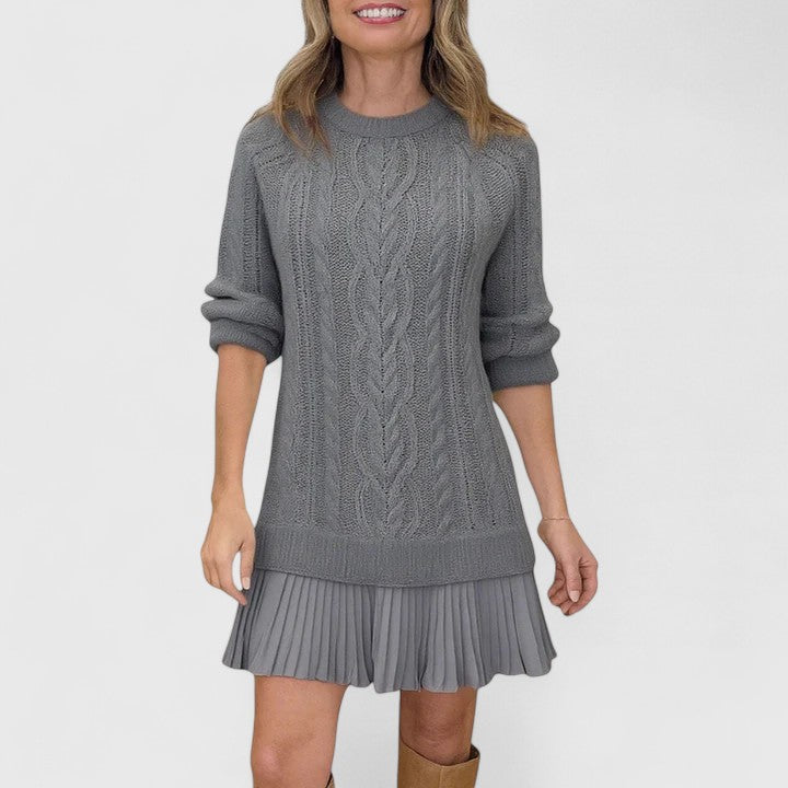 Crew Neck Cable Knit Pleated Hem Long Sleeve Sweater Dress