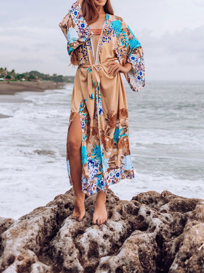 Brown Floral Print Belted Long Kimono Beach Cover-Up Robe